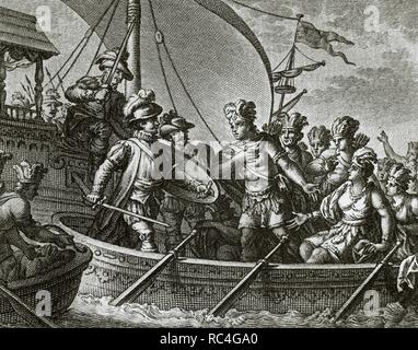 Eroberung von Mexiko. 16. Jahrhundert. Manizales wurde von Garcia Holguin erfasst auf der Flucht in ein Kanu mit ihrer Familie nach der Niederlage in der Schlacht von Tenochtitlan. Die wahre Geschichte der Eroberung von neuen Spanien von Bernal Diaz del Castillo. Gravur, 1807. Stockfoto