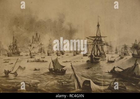 Griechischen Unabhängigkeitskrieg (1821-1830) die Seeschlacht von Navarino (20. Oktober 1827) in die Bucht von Navarino (jetzt Pylos), auf dem Peloponnes. Eine Kombination aus Frankreich, Russland und Großbritannien Seestreitkräfte gewann die Turkish-Egyptian Flotte von Sultan Ibrahim. Stockfoto