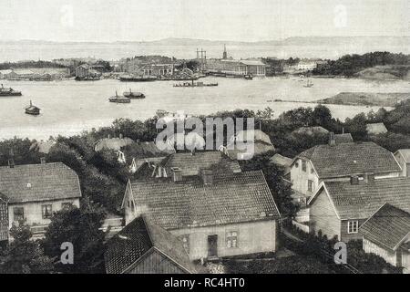 Norwegen. Horten. 19. Aussicht auf die Stadt, den Hafen und das Arsenal des Staates und die spanische Fregatte "Blanca" im Trockendock. Gravur "Die spanische und amerikanische Abbildung", 1886. Stockfoto