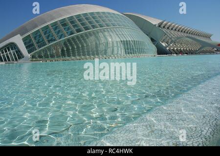 Kunst des 20. Jahrhunderts. Spanien. Stadt der Künste und der Wissenschaft. Projekt durchgeführt im Jahr 1999 von der spanischen Ingenieur, Architekt und Bildhauer Santiago Calatrava (Benimámet, Valencia, 1951). "Hemisphäre". Teilweise mit Blick auf das Äußere. VALENCIA. Gemeinschaft Valencia. Stockfoto