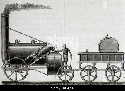 "Die Rakete". Lok, die von britischer Ingenieur und Erfinder George Stephenson (1781-1848). Es war das erste, das die Fahrt mit Fahrgästen zwischen den Städten Liverpool und Manchester abgedeckt (Jahr 1830), bei einer durchschnittlichen Geschwindigkeit von 30 km/h. Kupferstich aus dem 19. Jahrhundert. Stockfoto