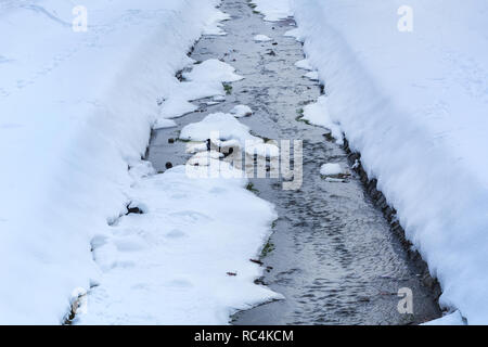 Gefrorene kleiner Fluss im Winter kalten Tag im City Park. Eisberg auf dem Wasser schwimmend. Winter und Kälte Konzept Stockfoto