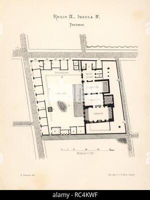 Karte der Thermae (heißes Bad) an Regio IX, Insula IV, 5. Zeigt die heiße Badewanne Caldarium, Tepidarium, kalt warmen Badewanne Badewanne Frigidarium, Umkleideraum Apodyterium, pool Natatio und Trocknen schwitzen Zimmer laconicum. Illustration gezeichnet von Presuhn und Lithographiert von J.G. Bach aus Emil Presuhn's 'Pompeji. Neuesten Ausgrabungen von 1874-1881 Sterben", Weigel, Leipzig, 1882. Deutschen archaeologin Presuhn (1844-1881) in Italien für acht Jahre gelebt und, mit Herrn Discanno und Miss Amy Butts, exakte Kopien von vielen Wandmalereien, die jetzt verloren sind. Stockfoto