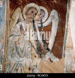 "ANGELES MUSICOS' SIGLO XIII. Las MEJORES DE LAS PINTURA WANDBILD PROCEDENTES DE UN ENTERRAMIENTO EN LA IGLESIA DE SANT PAU DE CASERRAS. EN LA ACTUALIDAD SE ENCUENTRA EN EL MUSEO DIOCESANO DE SOLSONA. MUSICA. Stockfoto