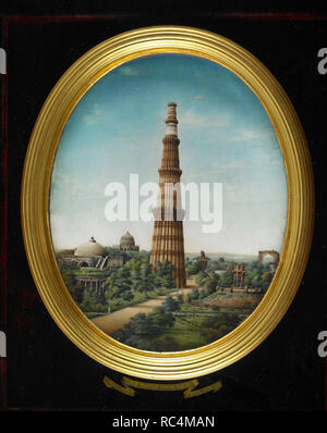 Ein Blick auf das Qutb Minar aus dem Osten, die Alai Darwaza und Major Robert Smith's Re-sited Kuppel, mit dem Grab des Adham Khan und der Bildschirm der Moschee in der Ferne, ein Turm in Delhi, Indien. Es ist der weltweit höchsten gemauerten Minarett mit einer Höhe von 72,5 m (237.8 ft). Dem Qutub Minar ist ist eines der frühesten und bedeutendsten Beispiele für Indo-Islamic Architektur. Die Alai Darwaza ist das wichtigste Tor von der südlichen Seite der Quwwat-ul-Islam Moschee. Qutb komplex. Wasser - Farbe auf Elfenbein: oval, 175 von 140 mm, in einem vergoldeten Rahmen und in einem Vel gerahmt Stockfoto