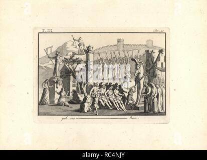 Trojaner ziehen das hölzerne Pferd in die Stadt. Zwei Reihen von bizarr gekleidete Menschen und andere Hunde tragen Masken ziehen das Pferd mit Seilen. Laokoon steht am Sockel der Statue der Minerva, und Cassandra kniet vor ihm. Kupferstich von Tommaso Piroli von seinem antiken Herculaneum (Antichita di Ercolano), Rom, 1790. Stockfoto