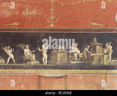 Italien. Pompeji. Triclinium im Hause des Vettii. Fries von Amor oder Putten. Gemälde von Amoretten, Goldschmiedearbeiten. 1. Kampanien. Stockfoto
