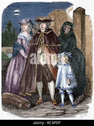 Französische Revolution (1789-1799). Escape von Louis XVI (1754-1793) und seiner Familie, 1791. Kupferstich von Dupre. Universal Library. Beliebte Editionen, 1851. Gefärbt. Stockfoto