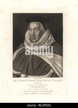 Sir Christopher Yelverton, Gerechtigkeit des Königs Sitzbank, starb 1602. Kupferstich schabkunstblatt von Robert Dunkarton nach einem original Gemälde von Cornelis Janssens von Samuel Woodburn Porträts von Zeichen Illustre in der britischen Geschichte, London, 1811. Stockfoto