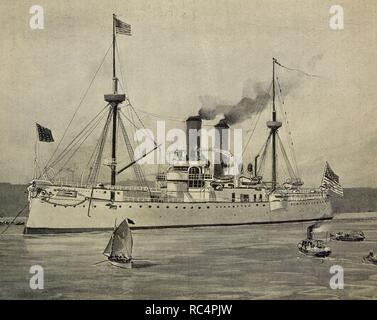 Spanish-amerikanischer Krieg. Die amerikanische Marine-Schiff USS Maine (ACR-1) verankert im Hafen von Havanna. Am 15. Februar 1898 explodierte, dienen der Vorwand in die Vereinigten Staaten, den Krieg nach Spanien erklären. Gravur. Stockfoto