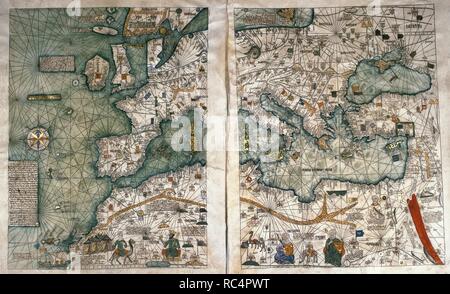 Die katalanischen Atlas, 1375. Die mallorquinischen jüdische Kartografen Abraham und Jehuda Cresques zugeschrieben, war der König von Aragon. Nationale Bibliothek von Frankreich, Paris. Stockfoto