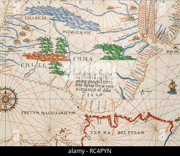 PORTOLAN Atlas of the World von Joan Martines (1556-1590). Messina, 1587. Straße von Magellan, Patagonien und Tierra de Fuego. Nationalbibliothek. Madrid. Spanien. Stockfoto