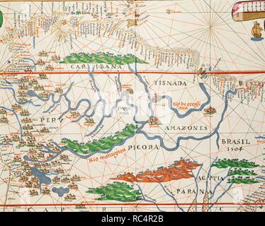 PORTOLAN Atlas of the World von Joan Martines (1556-1590). Messina, 1587. Amazonas-Becken und zwei Münder. Nationalbibliothek. Madrid. Spanien. Stockfoto