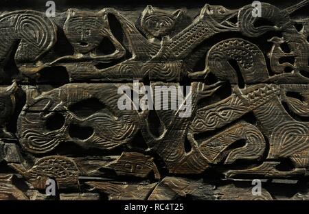 Viking Beförderung. Holz. 800 AD. Detail des Reliefs. Im Grab des Oseberg-schiff gefunden. Wikingerschiffmuseum. Oslo. Norwegen. Stockfoto