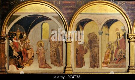 Simone Martini (h.1284-1344). Italienischer Maler der Sieneser Schule. Saint Louis von Toulouse Krönung Robert von Anjou, König von Neapel, 1317. Detail der Predella mit Szenen aus dem Leben der Heiligen. Museum von Capodimonte. Neapel. Italien. Stockfoto