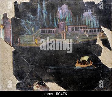 Römischen Fresko Flusslandschaft mit Booten. 30 BC-37. Aus Pompeji, Italien. Nationalen Archäologischen Museum. Neapel. Italien. Stockfoto