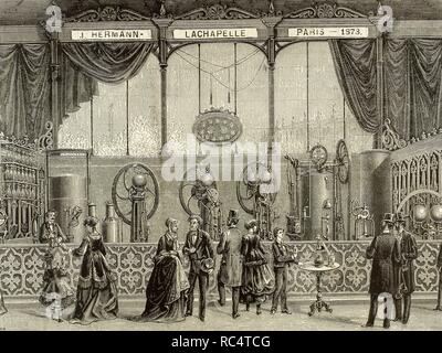 Frankreich. Paris. Weltausstellung von 1878 im Trocadero statt. Installation von J. Hermann Lachapelle. Kontinuierliche Ausrüstung Hersteller für die Produktion von Softdrinks. Gravur. 'La Ilustracion Espanola y Americana", 1879. Stockfoto