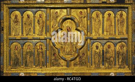 Golden Panel aus st. Ursula. Köln, C. 1170. Malerei: 15. Jahrhundert und 1844. Eiche, vergoldete Kupfer, Bronze gegossen, mit Emaille, Stuck und deckende Farbe. Museum Schnu Tgen. Köln, Deutschland. Stockfoto