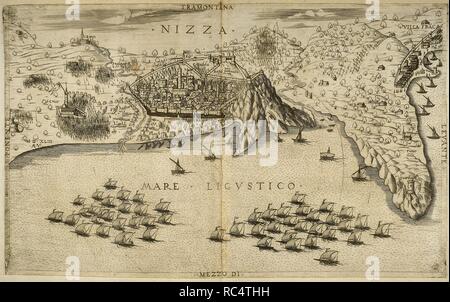 Italienischen Krieg von 1542-46. Franz I. von Frankreich und Suleiman ich des Osmanischen Reiches gegen die Heiligen Römischen Kaiser Karl V. und Heinrich VIII. von England. Belagerung von Schön, von einem Franco-Ottoman Flotte im Jahre 1543. Zu dieser Zeit war schön unter Kontrolle von Charles III, Verbündeter von Karl V. eine kombinierte Franco-Ottoman tritt die Stadt gefangen. Zeichnung von toselli nach einem Stich von Aeneas Vico. Stockfoto