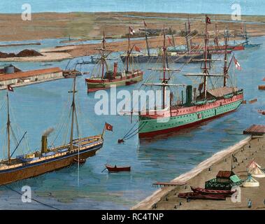 El Barco "Christopher Columbus" en La Boca del Canal de Suez de Port-Said, Egipto. Grabado, año 1877. Coloreado. Stockfoto