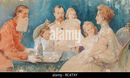 Zar Nikolaus II. und Alexandra Fyodorovna mit ihren Töchtern Olga, Tatiana, Maria und Anastasia (als Baby). Museum: private Sammlung. Autor: Samokish-Sudkovskaya, Elena Petrovna. Stockfoto