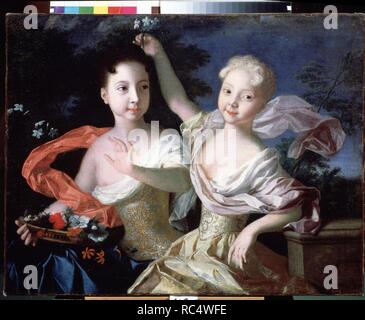 Portrait von Großfürstinnen Anna Petrowna (1708-1728) und Elisabeth Petrowna (1709-1761). Museum: Staatliches russisches Museum, St. Petersburg. Autor: CARAVAQUE, Louis. Stockfoto