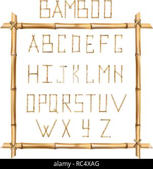 Vektor Bambus Alphabet. Großbuchstaben aus realistischen Braune trockene Bambusstäbe innerhalb der Holzstab Rahmen auf weißem Hintergrund. Abc anhand von quantitativen Simulatio Stock Vektor