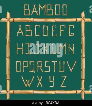 Vektor Bambus Alphabet. Großbuchstaben aus realistischen Braune trockene Bambusstäbe innerhalb von hölzernen Stock Frame auf grünem Hintergrund isoliert. Abc anhand von quantitativen Simulatio Stock Vektor