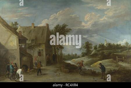 Bauern spielen Schalen außerhalb einer Village Inn. Museum: National Gallery, London. Autor: Teniers D.J., David. Stockfoto