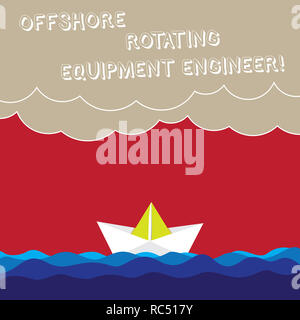 Wort schreiben Text Offshore Rotating Equipment Engineer. Business Konzept für Öl- und Gasindustrie engineering Wave schwere Wolken und Papier Boot Seascap Stockfoto