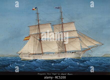 Brigantine Eva. In Lloret de Mar, Katalonien (Spanien) gebaut. Aquarell von Jose Pineda Guerra (1837-1907), 1894. Maritime Museum. Barcelona. Spanien. Stockfoto