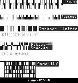 Business Barcodes und QR-Codes Vektor einrichten. RM4SCC,, Postnet, Databar Limited, gestapelt, Code 16 K. Schwarz Gestreifte Code für digitale Identifikation, Illus Stock Vektor