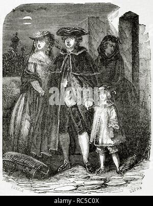 Französische Revolution (1789-1799). Escape von Louis XVI (1754-1793) und seiner Familie, 1791. Kupferstich von Dupre. Universal Library. Beliebte Editionen, 1851. Stockfoto