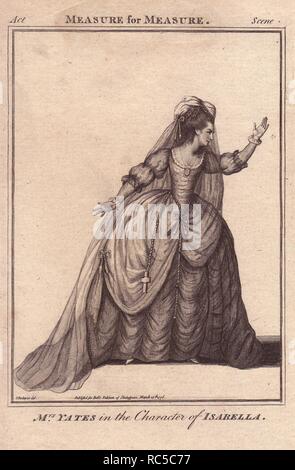 Frau Mary Ann Yates als Isabella in 'Measure für Messen.". . Mary Ann Yates ihr Debüt auf der Bühne in London in "Virginia", an der Drury Lane, 1754. . Kupferstich von 'Bell's Shakespeare" von John Bell, London, von 1776 veröffentlicht. Von James Roberts gezeichnet. Stockfoto