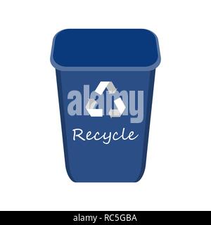 Blauer Papierkorb mit Beispielen für die Trennung und Nutzung von Müll. Speichern der Umwelt Vector Illustration. Stock Vektor