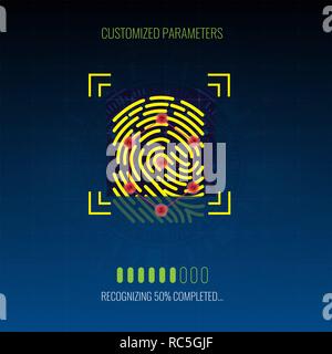 Finger-print Scannen Identifizierung und Anerkennung im Prozess. Biometrische Berechtigungskonzept. Vector Illustration. Stock Vektor