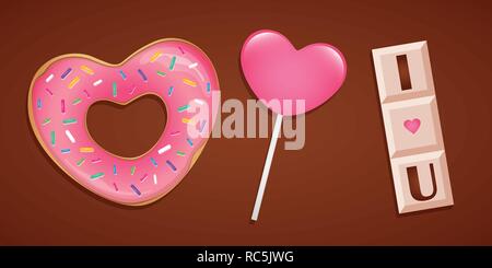 In Herzform Donut lollipop Bonbons und Schokolade Vektor-illustration EPS 10. Stock Vektor