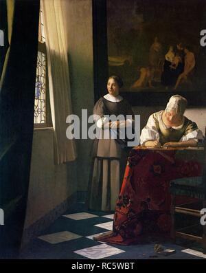 Dame einen Brief schreiben mit ihrer Zofe. Museum: National Gallery von Irland. Thema: Vermeer, Jan (Johannes). Stockfoto