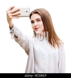 Schöne Mädchen macht selfie Foto auf dem Smartphone. Stockfoto