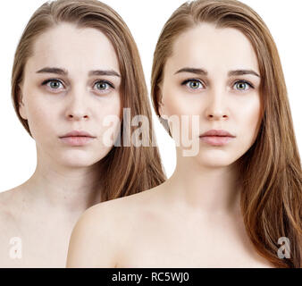 Vergleich-Porträt der jungen Frau vor und nach der Retusche. Stockfoto