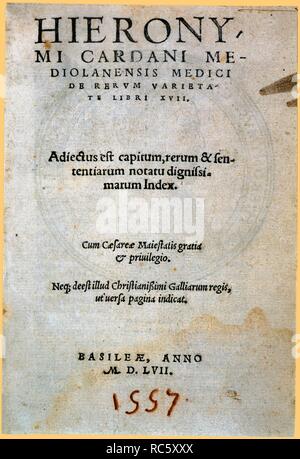 Portada de la enciclopedia Hierony mi Cardani mediolanensis Medici De rerum varietate libri XVII, de Girolamo Cardano (1501-1576). Editada en Basilea, año 1557. Stockfoto