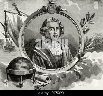 Christopher Columbus (1451-1506). Italienische Explorer, Navigator und Admiral. Entdecker von Amerika 1492. Porträt. Gravur. La Civilizacion (der Zivilisation), Band III, 1882. Stockfoto