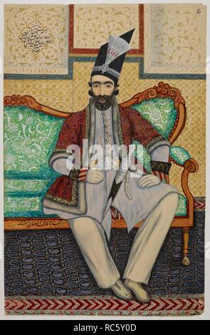 Portrait von Nasir Al-Din Shah (d.1896), datiert 1856. Qajar Album. Iran, 18. bis 19. Jahrhundert. Opak Aquarell. Quelle: Oder. 4938, f 4. Sprache: Persisch. Autor: Muhammad Isfahani. Stockfoto