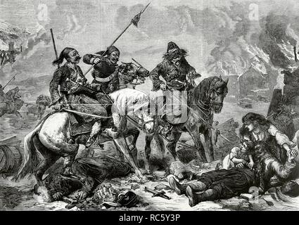 Cuestión de Oriente. Imperio Otomano. Con el Schwächung del imperio Turco nacionalistas empiezan Los movimientos de la Zona de los Balcanes. En Bulgarien se Vive el Levantamiento de abril de 1876 con una Fuerte represión por Parte de las Autoridades turcas. Los Basi-Bozus (soldados del Ejército irregulares otomano) incendiando una Aldea búlgara y sus moradores acuchillando ein. Estos soldados Eran por sus mercenarios conocidos y saqueos salvajismo. Se hicieron famosos por Creer a La población Zivil. Grabado. La Ilustración Española y Americana, 30 de Agosto de 1876. Biblioteca Histórico Mili Stockfoto