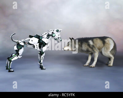 3D-Rendering für eine roboterhund Treffen einen echten Wolf oder Hund. Konzept der Zukunft. Stockfoto