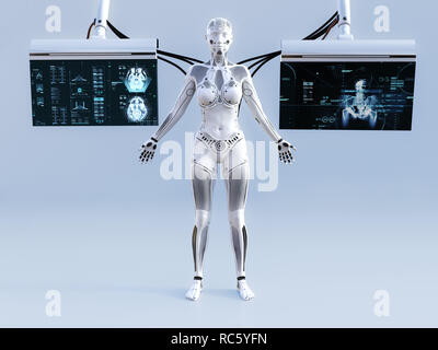 3D-Rendering eines Roboters stehende Frau mit geschlossenen Augen. Sie ist mit zwei Bildschirmen zum Scannen oder Aufladen ihrer künstlichen Intelligenz verbunden. Futuris Stockfoto