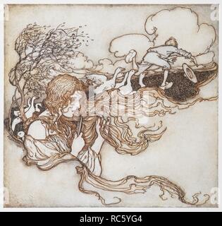 Eine Abbildung von einem Mädchen die Haare bürsten mit Gänsen und ein Junge im Hintergrund, aus dem Goosegirl. Die Märchen der Gebrüder Grimm. Mit Ill. von Arthur Rackham. London: William Heinemann, [1925]. 'Blow, Blow, kleine Brise, und Conrad's Hut zu ergreifen.". Quelle: 12410. r.7. auf Seite 72. Autor: RACKHAM, Arthur. Gebrüder Grimm. Stockfoto