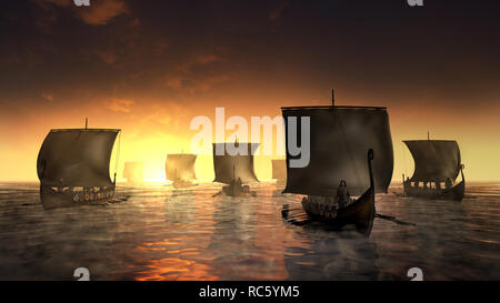 Wikinger Schiffe auf der nebligen Wasser. Misty Morning durch den Sonnenaufgang. 3D-Render Abbildung. Stockfoto