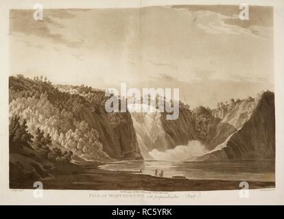 Eine eingravierte Darstellung der Montmorency Falls. Sechs Ansichten von Nordamerika - Herbst Montmorenci. Sechs Ansichten von Nordamerika. Von den ursprünglichen Zeichnungen, vor Ort, durch Lieutenant Fisher, der Königlichen Artillerie. In Aqua Tinta von J. W. Edy eingraviert. 3. Blick über den Fluss St. Lawrence, fällt der Montmorenci von der Insel von Orleans. Septr. 1, 1795. Diese Ansichten von Nordamerika, die meisten von ihnen genommen, während er die Ehre hatte, an seinem königlichen Highnesss in diesem Land sind, demütig eingeschrieben... von G. Fisher.). Quelle: Karten K. Top. 119.30 - w. Stockfoto