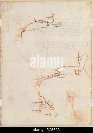 Folio f15 r. Codex Madrid II (Ms. 8936) 'Vertrag von Festung, Statik und Geometrie". 158 Folios mit 316 Seiten. Internes Format: 210 x 145 mm. Studien RUND UM DEN ARNO. Militärtechnik, BEFESTIGUNGSANLAGEN. Topographische Referenzen. Museum: BIBLIOTECA NACIONAL DE ESPAÑA, MADRID. Autor: LEONARDO DA VINCI. Stockfoto